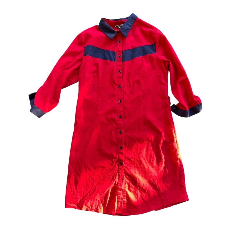 METROFIVE FASHION Womens Red Button Front Shirt Dress Navy Accents XXL
